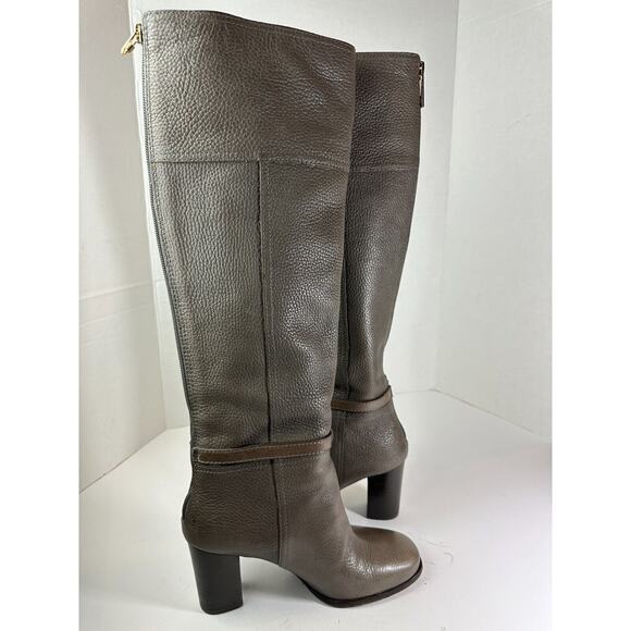Tory Burch Pebbled Leather Back Zip Tall Block Heeled Buckle Boots Gray Size 6 M - Picture 5 of 15